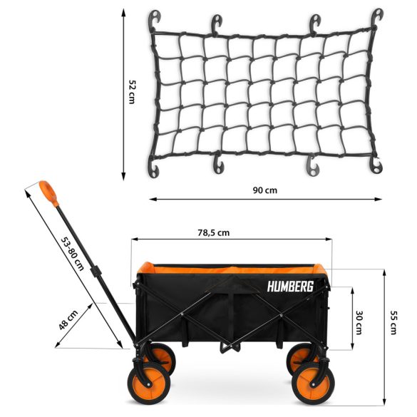 Strandkocsi, Humberg, HM-513, 100 l, fekete, 90 kg teherbírás, összecsukható, porszórt acél váz, forgó első kerekek, biztonsági hálóval
