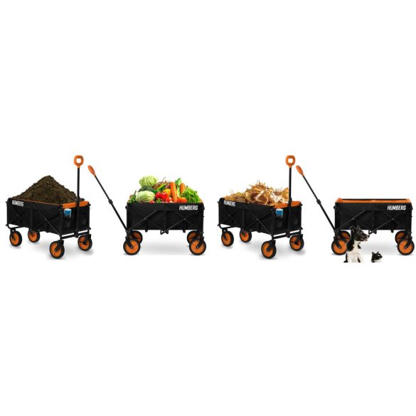 Strandkocsi, Humberg, HM-513, 100 l, fekete, 90 kg teherbírás, összecsukható, porszórt acél váz, forgó első kerekek, biztonsági hálóval
