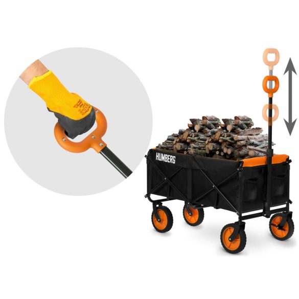 Strandkocsi, Humberg, HM-513, 100 l, fekete, 90 kg teherbírás, összecsukható, porszórt acél váz, forgó első kerekek, biztonsági hálóval