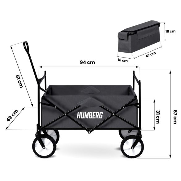 Strandkocsi, Humberg, HM-514, 80 l, antracit, 90 kg teherbírás, összecsukható, kormányozható tengely, állítható tető
