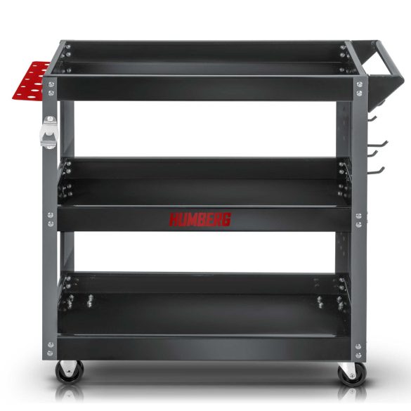Szerszámos kocsi, Humberg HM-515, piros/fekete, 3 polcos, 80 x 35 x 73 cm, kerekes, 300 kg teherbírás, perforált oldalfal, 551500