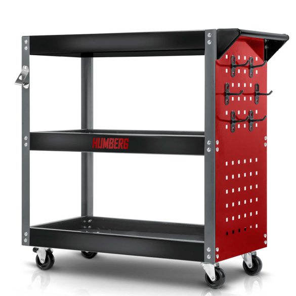 Szerszámos kocsi, Humberg HM-515, piros/fekete, 3 polcos, 80 x 35 x 73 cm, kerekes, 300 kg teherbírás, perforált oldalfal, 551500