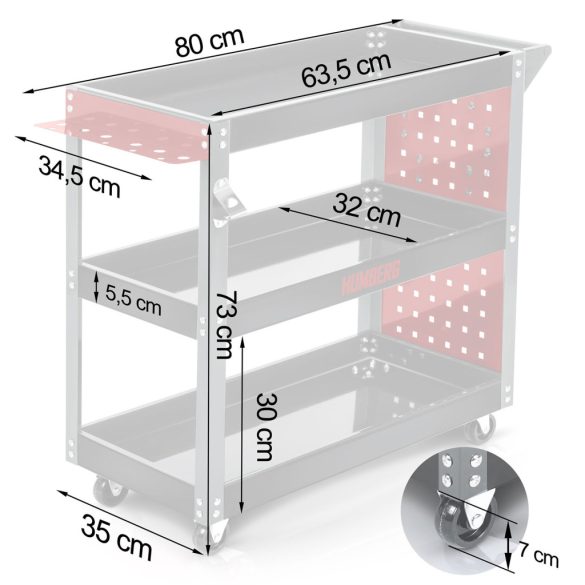 Szerszámos kocsi, Humberg HM-515, piros/fekete, 3 polcos, 80 x 35 x 73 cm, kerekes, 300 kg teherbírás, perforált oldalfal, 551500