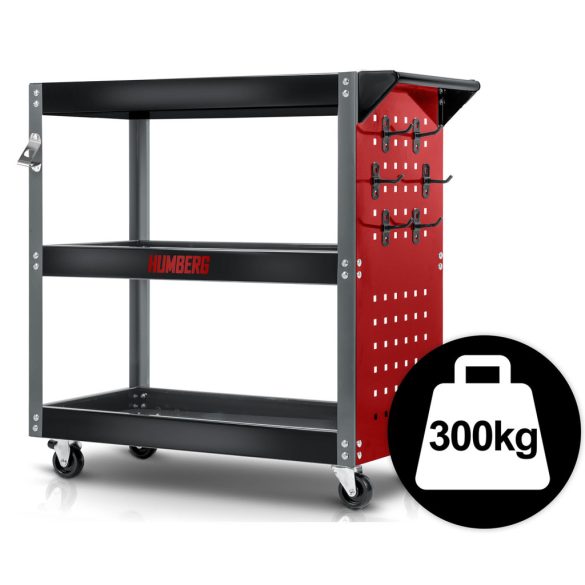 Szerszámos kocsi, Humberg HM-515, piros/fekete, 3 polcos, 80 x 35 x 73 cm, kerekes, 300 kg teherbírás, perforált oldalfal, 551500