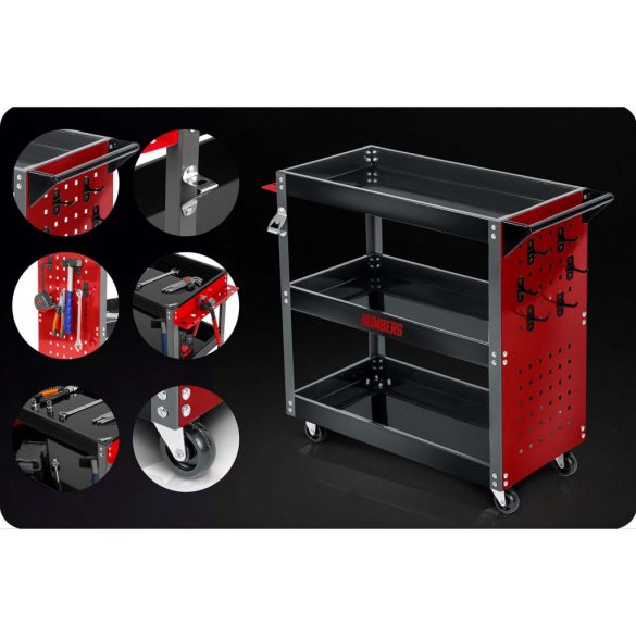 Szerszámos kocsi, Humberg HM-515, piros/fekete, 3 polcos, 80 x 35 x 73 cm, kerekes, 300 kg teherbírás, perforált oldalfal, 551500