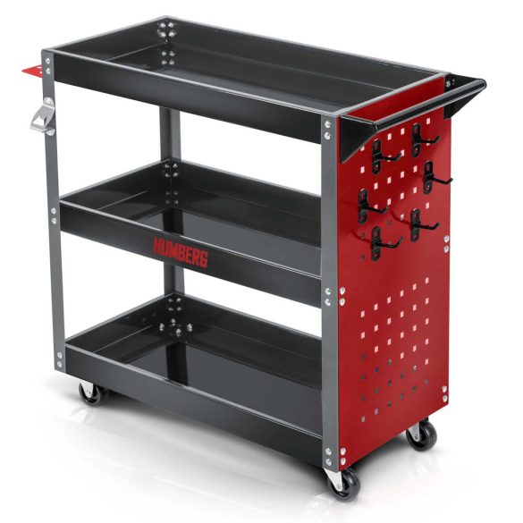 Szerszámos kocsi, Humberg HM-515, piros/fekete, 3 polcos, 80 x 35 x 73 cm, kerekes, 300 kg teherbírás, perforált oldalfal, 551500