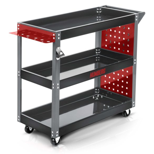 Szerszámos kocsi, Humberg HM-515, piros/fekete, 3 polcos, 80 x 35 x 73 cm, kerekes, 300 kg teherbírás, perforált oldalfal, 551500