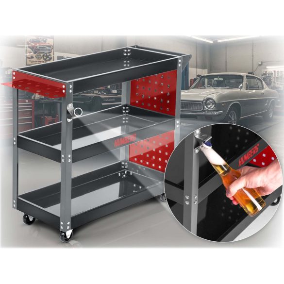 Szerszámos kocsi, Humberg HM-515, piros/fekete, 3 polcos, 80 x 35 x 73 cm, kerekes, 300 kg teherbírás, perforált oldalfal, 551500