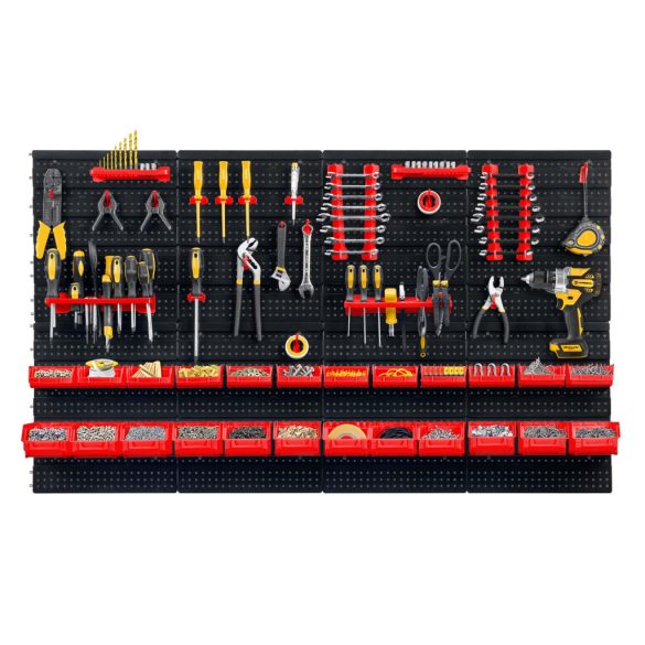 Fali szerszámtartó panel, Humberg HM-580, fekete/piros, 128 x 76 cm, 6 db panel, 54 db kiegészítő (tárolók, kampók, polcok, kulcstartók)