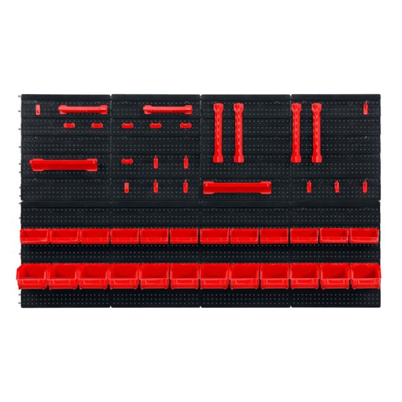Fali szerszámtartó panel, Humberg HM-580, fekete/piros, 128 x 76 cm, 6 db panel, 54 db kiegészítő (tárolók, kampók, polcok, kulcstartók)