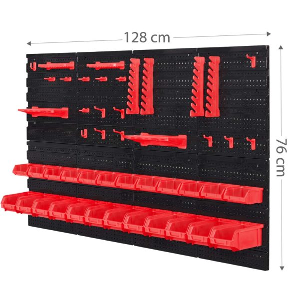 Fali szerszámtartó panel, Humberg HM-580, fekete/piros, 128 x 76 cm, 6 db panel, 54 db kiegészítő (tárolók, kampók, polcok, kulcstartók)