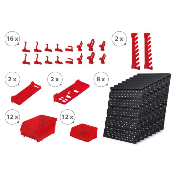 Fali szerszámtartó panel, Humberg HM-580, fekete/piros, 128 x 76 cm, 6 db panel, 54 db kiegészítő (tárolók, kampók, polcok, kulcstartók)
