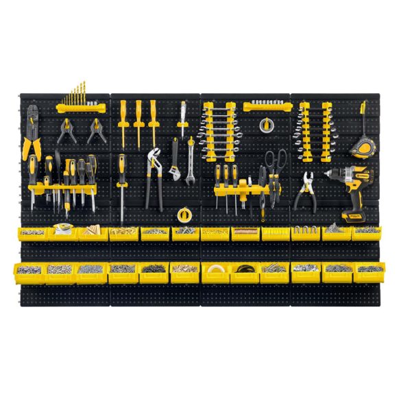 Fali szerszámtartó panel, Humberg HM-580, fekete/sárga, 128 x 76 cm, 6 db panel, 54 db kiegészítő (tárolók, kampók, polcok, kulcstartók)