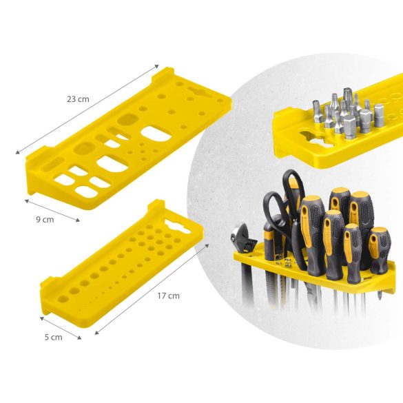 Fali szerszámtartó panel, Humberg HM-580, fekete/sárga, 128 x 76 cm, 6 db panel, 54 db kiegészítő (tárolók, kampók, polcok, kulcstartók)