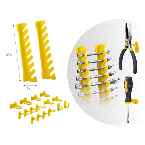 Fali szerszámtartó panel, Humberg HM-580, fekete/sárga, 128 x 76 cm, 6 db panel, 54 db kiegészítő (tárolók, kampók, polcok, kulcstartók)