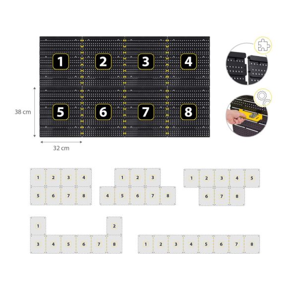 Fali szerszámtartó panel, Humberg HM-580, fekete/sárga, 128 x 76 cm, 6 db panel, 54 db kiegészítő (tárolók, kampók, polcok, kulcstartók)