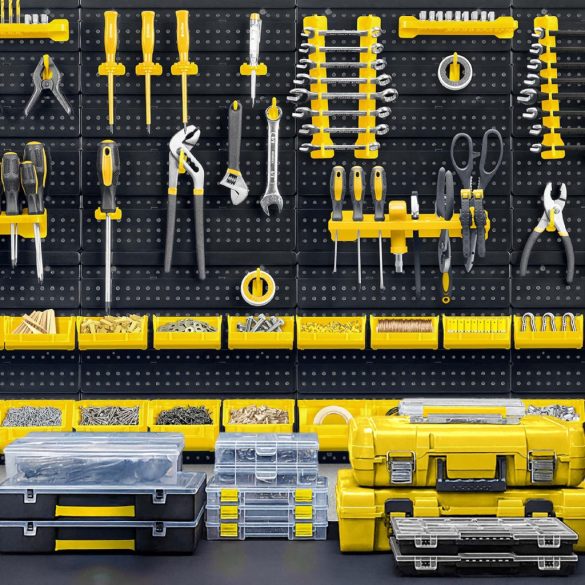 Fali szerszámtartó panel, Humberg HM-580, fekete/sárga, 128 x 76 cm, 6 db panel, 54 db kiegészítő (tárolók, kampók, polcok, kulcstartók)