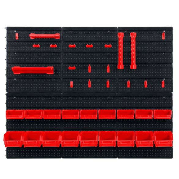 Fali szerszámtartó panel, Humberg HM-581, fekete/piros, 96 x 76 cm, 6 db panel, 43 db kiegészítő (tárolók, kampók, polcok, kulcstartók)