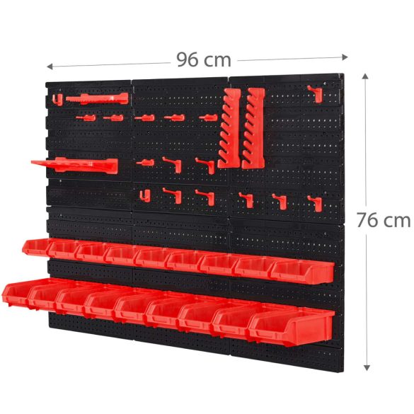 Fali szerszámtartó panel, Humberg HM-581, fekete/piros, 96 x 76 cm, 6 db panel, 43 db kiegészítő (tárolók, kampók, polcok, kulcstartók)