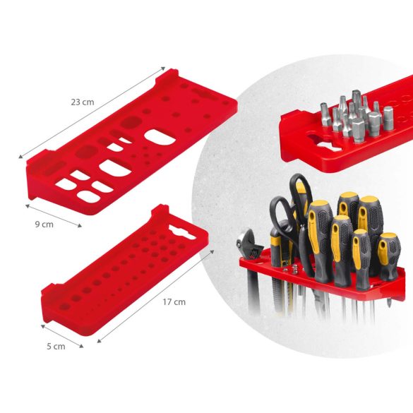 Fali szerszámtartó panel, Humberg HM-581, fekete/piros, 96 x 76 cm, 6 db panel, 43 db kiegészítő (tárolók, kampók, polcok, kulcstartók)