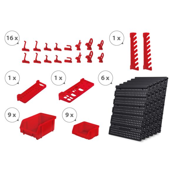 Fali szerszámtartó panel, Humberg HM-581, fekete/piros, 96 x 76 cm, 6 db panel, 43 db kiegészítő (tárolók, kampók, polcok, kulcstartók)