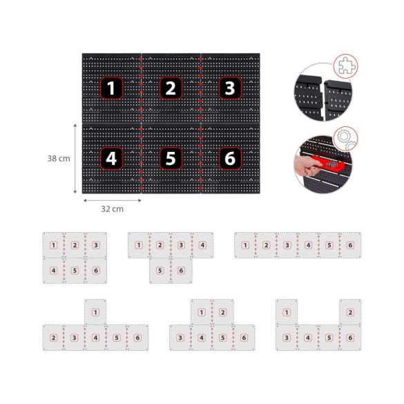 Fali szerszámtartó panel, Humberg HM-581, fekete/piros, 96 x 76 cm, 6 db panel, 43 db kiegészítő (tárolók, kampók, polcok, kulcstartók)