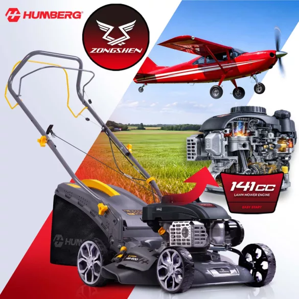Benzinmotoros fűnyíró, Humberg HM-600, vágásszélesség: 40 cm, Zongshen motor, 141 cm3, 4 ütemű, 2200 W, 3 LE, 45 l gyűjtőkosár, oldalkidobás, mulcsozás, önjáró, 10W30 olajjal