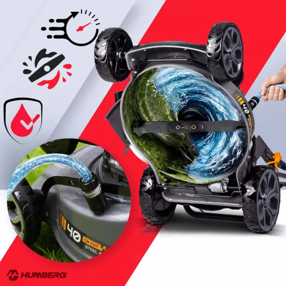 Benzinmotoros fűnyíró, Humberg HM-600, vágásszélesség: 40 cm, Zongshen motor, 141 cm3, 4 ütemű, 2200 W, 3 LE, 45 l gyűjtőkosár, oldalkidobás, mulcsozás, önjáró, 10W30 olajjal