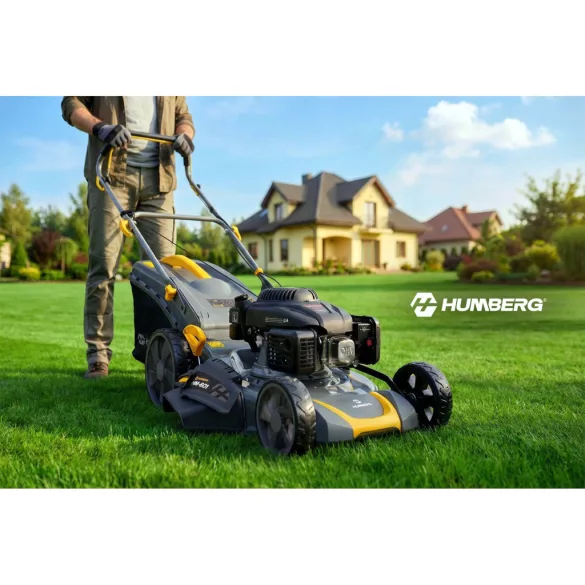 Benzinmotoros fűnyíró, Humberg HM-601, vágásszélesség: 51 cm, Loncin motor, 196 cm3, 4 ütemű, 3500 W, 4,76 LE, 70 l gyűjtőkosár, oldalkidobás, mulcsozás, önjáró, 2 db 10W30 olajjal