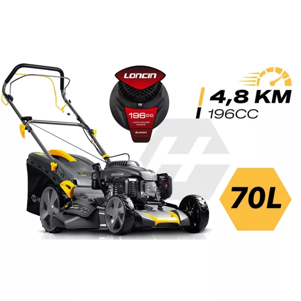 Benzinmotoros fűnyíró, Humberg HM-601, vágásszélesség: 51 cm, Loncin motor, 196 cm3, 4 ütemű, 3500 W, 4,76 LE, 70 l gyűjtőkosár, oldalkidobás, mulcsozás, önjáró, 2 db 10W30 olajjal
