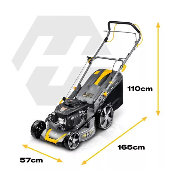 Benzinmotoros fűnyíró, Humberg HM-601, vágásszélesség: 51 cm, Loncin motor, 196 cm3, 4 ütemű, 3500 W, 4,76 LE, 70 l gyűjtőkosár, oldalkidobás, mulcsozás, önjáró, 2 db 10W30 olajjal