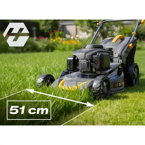 Benzinmotoros fűnyíró, Humberg HM-601, vágásszélesség: 51 cm, Loncin motor, 196 cm3, 4 ütemű, 3500 W, 4,76 LE, 70 l gyűjtőkosár, oldalkidobás, mulcsozás, önjáró, 2 db 10W30 olajjal