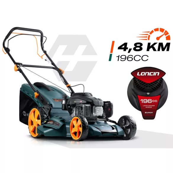 Benzinmotoros fűnyíró, Humberg HM-601, vágásszélesség: 51 cm, Loncin motor, 196 cm3, 4 ütemű, 3500 W, 4,8 LE, 70 l gyűjtőkosár, oldalkidobás, mulcsozás, önjáró, 2 db 10W30 olajjal