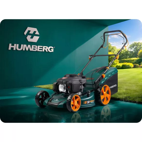 Benzinmotoros fűnyíró, Humberg HM-601, vágásszélesség: 51 cm, Loncin motor, 196 cm3, 4 ütemű, 3500 W, 4,8 LE, 70 l gyűjtőkosár, oldalkidobás, mulcsozás, önjáró, 2 db 10W30 olajjal