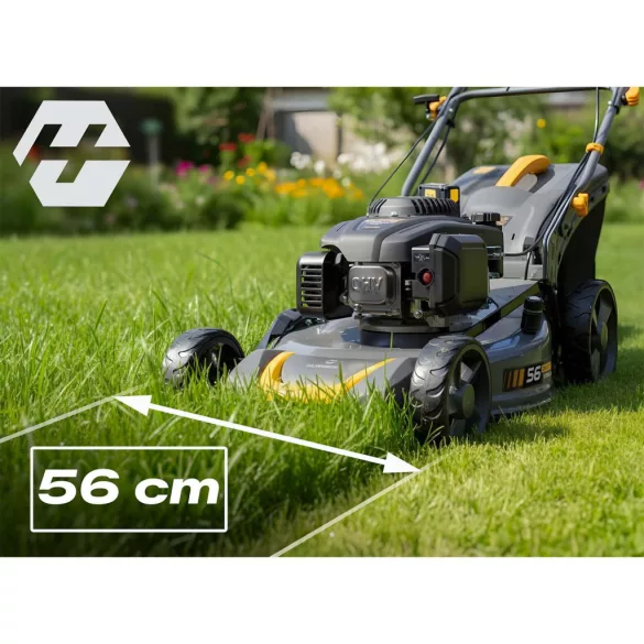 Benzinmotoros fűnyíró, Humberg HM-602, vágásszélesség: 56 cm, Loncin motor, 196 cm3, 4 ütemű, 3500 W, 4,8 LE, 70 l gyűjtőkosár, oldalkidobás, mulcsozás, önjáró, 2 db 10W30 olajjal