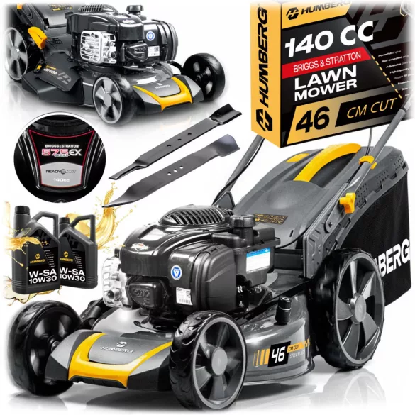 Benzinmotoros fűnyíró, Humberg HM-604, vágásszélesség: 46 cm, Briggs & Stratton motor, 140 cm3, 4 ütemű, 2010 W, 2,73 LE, 70 l gyűjtőkosár, oldalkidobás, mulcsozás, önjáró, 2 db 10W30 olajjal