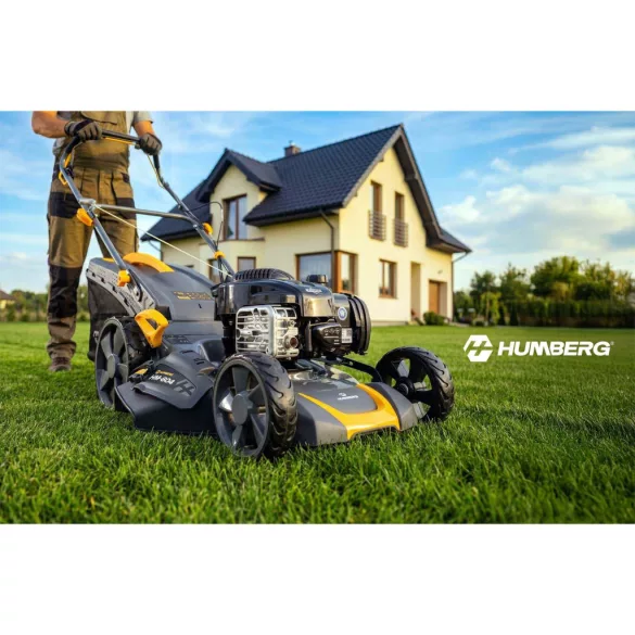 Benzinmotoros fűnyíró, Humberg HM-604, vágásszélesség: 46 cm, Briggs & Stratton motor, 140 cm3, 4 ütemű, 2010 W, 2,73 LE, 70 l gyűjtőkosár, oldalkidobás, mulcsozás, önjáró, 2 db 10W30 olajjal