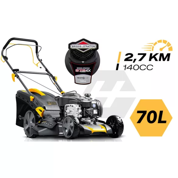 Benzinmotoros fűnyíró, Humberg HM-604, vágásszélesség: 46 cm, Briggs & Stratton motor, 140 cm3, 4 ütemű, 2010 W, 2,73 LE, 70 l gyűjtőkosár, oldalkidobás, mulcsozás, önjáró, 2 db 10W30 olajjal