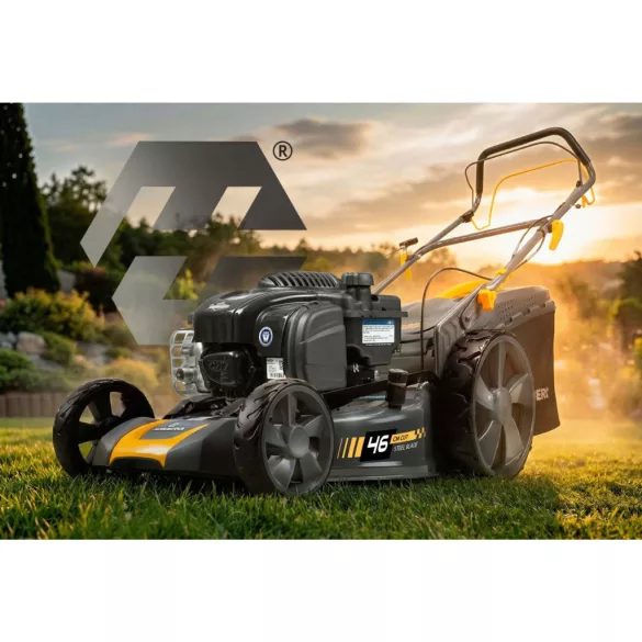Benzinmotoros fűnyíró, Humberg HM-604, vágásszélesség: 46 cm, Briggs & Stratton motor, 140 cm3, 4 ütemű, 2010 W, 2,73 LE, 70 l gyűjtőkosár, oldalkidobás, mulcsozás, önjáró, 2 db 10W30 olajjal