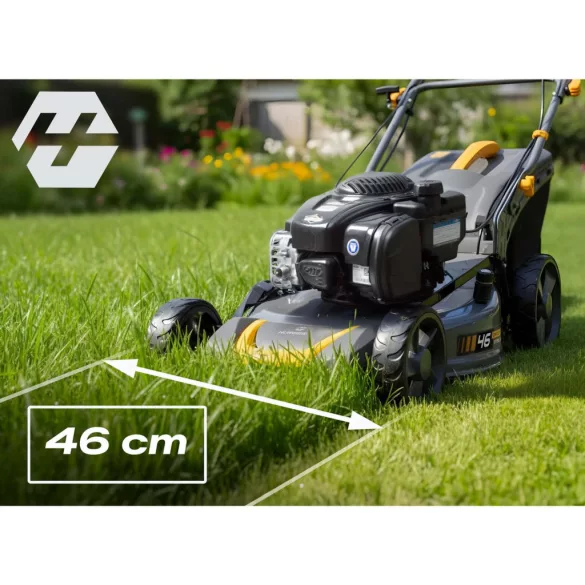 Benzinmotoros fűnyíró, Humberg HM-604, vágásszélesség: 46 cm, Briggs & Stratton motor, 140 cm3, 4 ütemű, 2010 W, 2,73 LE, 70 l gyűjtőkosár, oldalkidobás, mulcsozás, önjáró, 2 db 10W30 olajjal