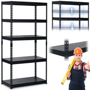 Műhelypolc, Humberg HR-700, fekete, fekete polcok, 183 x 90 x 45 cm, 5 polcos, acél, MDF polclapok, állítható polcmagasság, teherbírás: 250 kg/polc