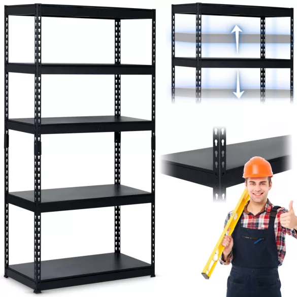 Műhelypolc, Humberg HR-700, fekete, fekete polcok, 183 x 90 x 45 cm, 5 polcos, acél, MDF polclapok, állítható polcmagasság, teherbírás: 250 kg/polc