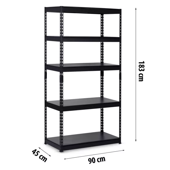 Műhelypolc, Humberg HR-700, fekete, fekete polcok, 183 x 90 x 45 cm, 5 polcos, acél, MDF polclapok, állítható polcmagasság, teherbírás: 250 kg/polc