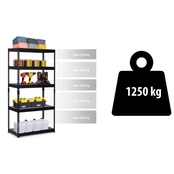 Műhelypolc, Humberg HR-700, fekete, fekete polcok, 183 x 90 x 45 cm, 5 polcos, acél, MDF polclapok, állítható polcmagasság, teherbírás: 250 kg/polc