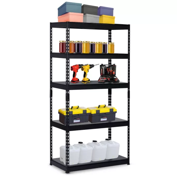 Műhelypolc, Humberg HR-700, fekete, fekete polcok, 183 x 90 x 45 cm, 5 polcos, acél, MDF polclapok, állítható polcmagasság, teherbírás: 250 kg/polc