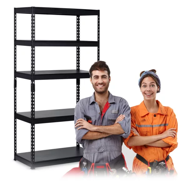 Műhelypolc, Humberg HR-700, fekete, fekete polcok, 183 x 90 x 45 cm, 5 polcos, acél, MDF polclapok, állítható polcmagasság, teherbírás: 250 kg/polc