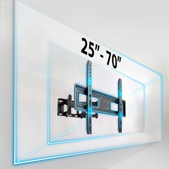 TV tartó konzol, fali, Humberg, fekete, 25"–70" méretig, dönthető és forgatható, 8–40 cm faltávolság, VESA 75×75–400×400, teherbírás: 50 kg