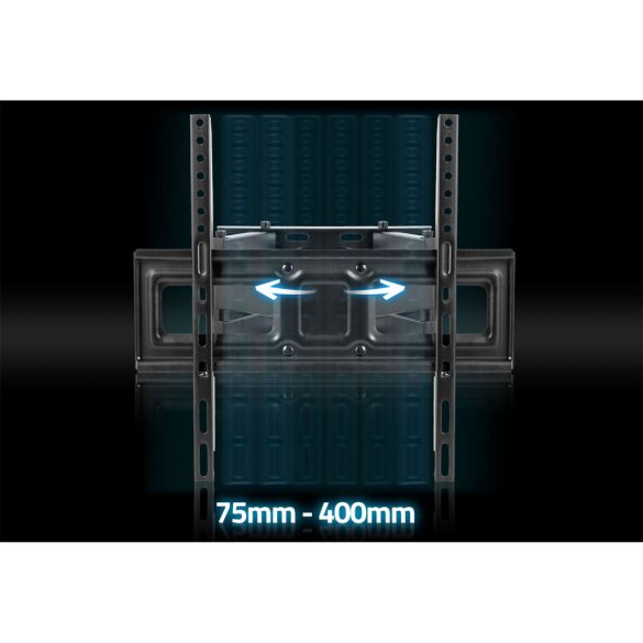 TV tartó konzol, fali, Humberg, fekete, 25"–70" méretig, dönthető és forgatható, 8–40 cm faltávolság, VESA 75×75–400×400, teherbírás: 50 kg