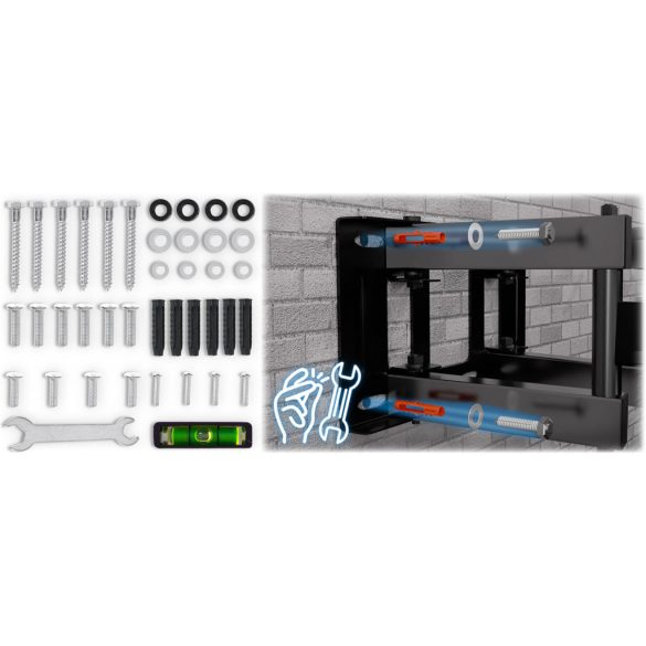 TV tartó konzol, fali, Humberg, fekete, 25"–70" méretig, dönthető és forgatható, 8–40 cm faltávolság, VESA 75×75–400×400, teherbírás: 50 kg