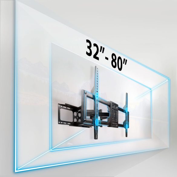 TV tartó konzol, fali, Humberg HM-881, fekete, 32"–80" méretig, dönthető és forgatható, 6,5–43 cm faltávolság, VESA 200 × 200–600 × 400, teherbírás: 70 kg